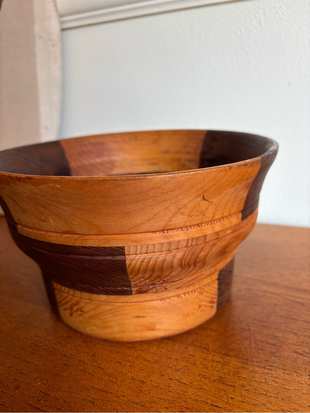 Mid century teak patchwork wood bowl fruit dish serving